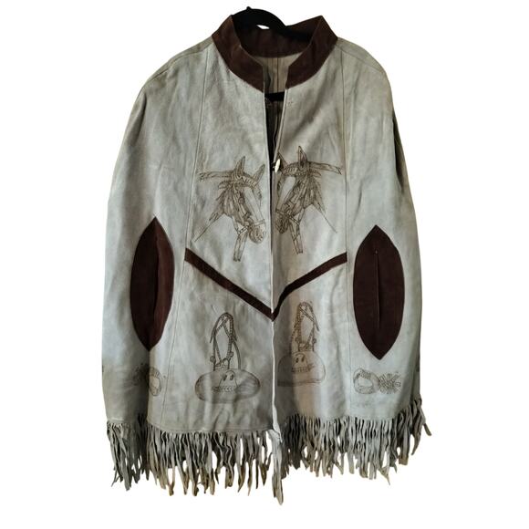 4230) Vintage Unisex Leather Western, Cowboy, Poncho Incised Horse with Fringe - Picture 1 of 8